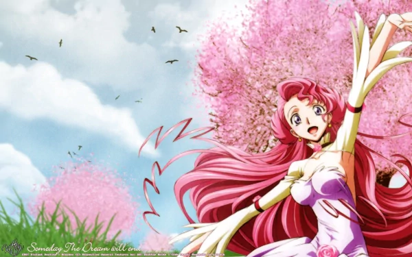 HD anime desktop wallpaper featuring Euphemia Li Britannia from Code Geass with flowing pink hair against a backdrop of blooming cherry blossoms and a blue sky.