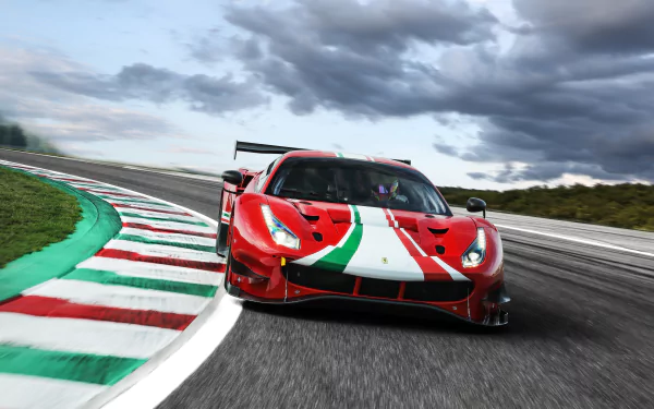 Red Ferrari 488 GT3 Evo supercar vehicle racing on track with Italian tricolour livery, dynamic 5K Ultra HD PC desktop wallpaper background.