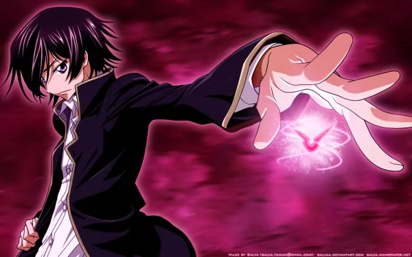 Lelouch Lamperouge from Code Geass casts a powerful spell against a vibrant pink backdrop, featuring striking anime detail in this HD desktop wallpaper.