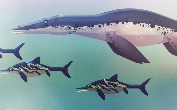 A HD desktop wallpaper depicting a sea monster and smaller aquatic dinosaurs swimming in tranquil blue waters.