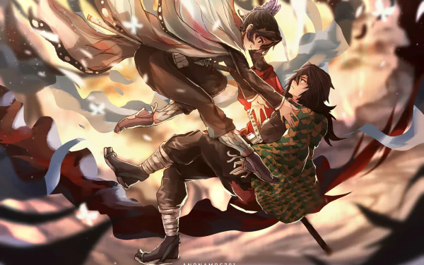 HD anime wallpaper featuring Giyu Tomioka and Shinobu Kochou from Demon Slayer: Kimetsu no Yaiba in dynamic action poses with vibrant lighting effects.