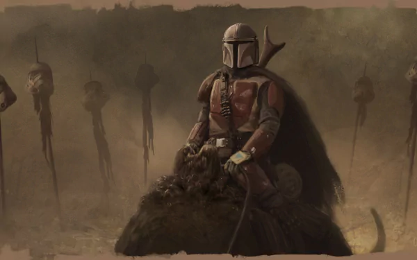 HD PC desktop wallpaper featuring a sketch of The Mandalorian character from the TV show The Mandalorian, depicted sitting against a backdrop of eerie stakes.