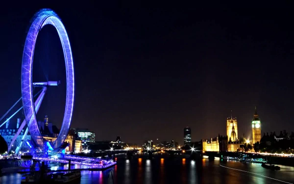 HD desktop wallpaper showcasing London's iconic landmarks: the illuminated London Eye and Big Ben against a night sky over the River Thames.