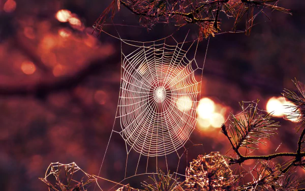 HD desktop wallpaper featuring a close-up of a spider web intricately woven among autumn foliage, captured with rich, warm lighting in this detailed photography shot.