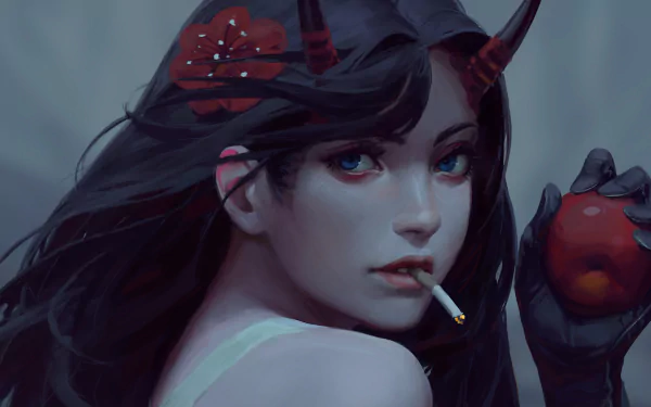 A fantasy demon with red horns smokes a cigarette while holding a red apple, set against a dark background in a detailed 4K Ultra HD PC desktop wallpaper.