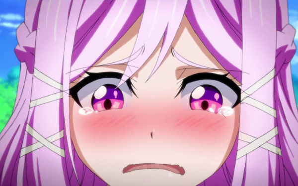 HD PC desktop wallpaper/background of Xia Zitong (Cupid's Chocolates): close-up anime of a blushing, teary-eyed pink-haired girl with trembling, embarrassed expression.