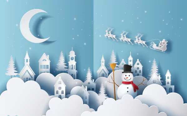White Christmas town scene with snow-covered houses and trees, smiling snowman in foreground, Santa's sleigh and reindeer under a crescent moon — winter holiday 5K Ultra HD PC desktop wallpaper.
