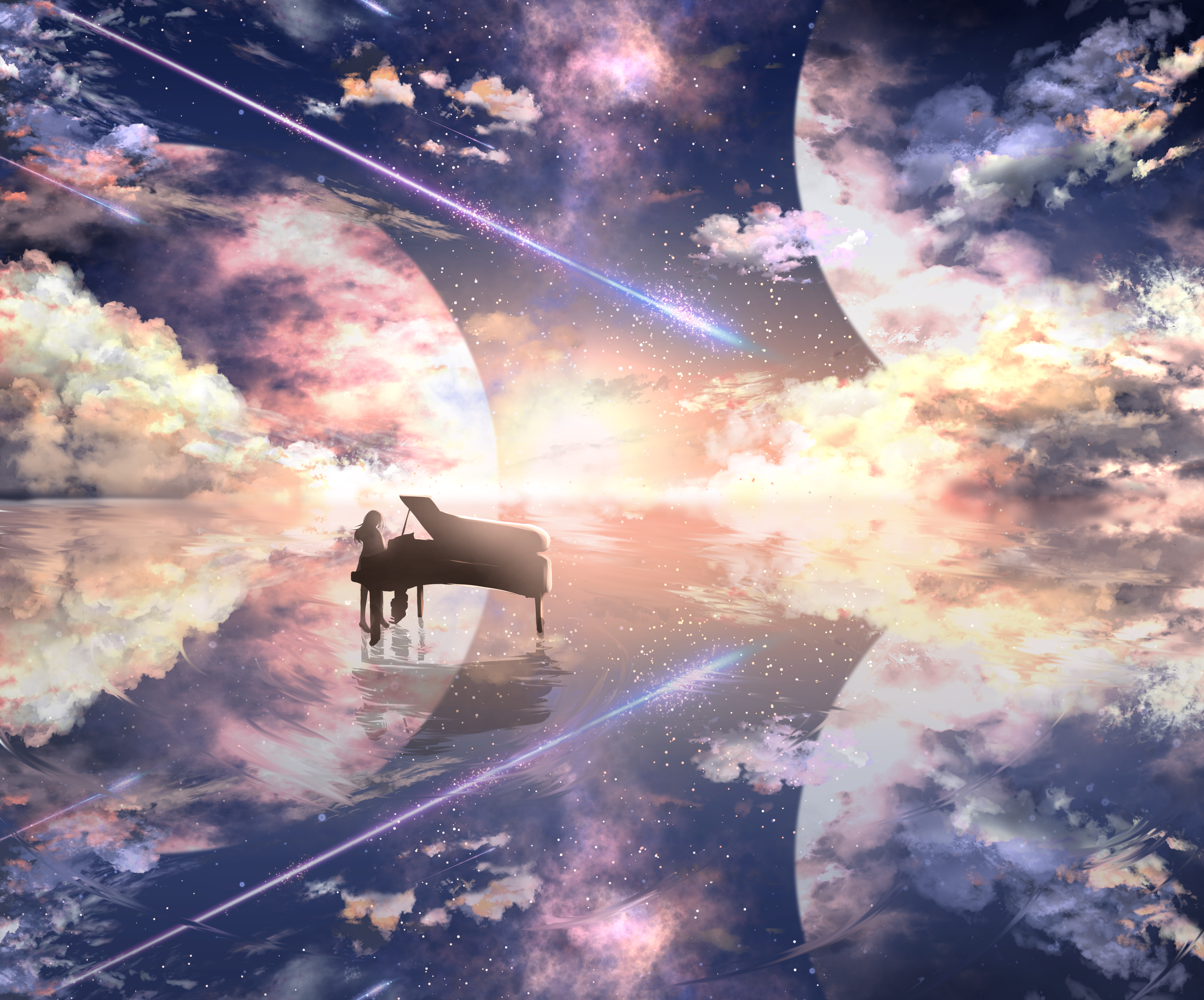 Anime girl playing a piano on a shallow lake, reflecting the planets above by ツチヤ