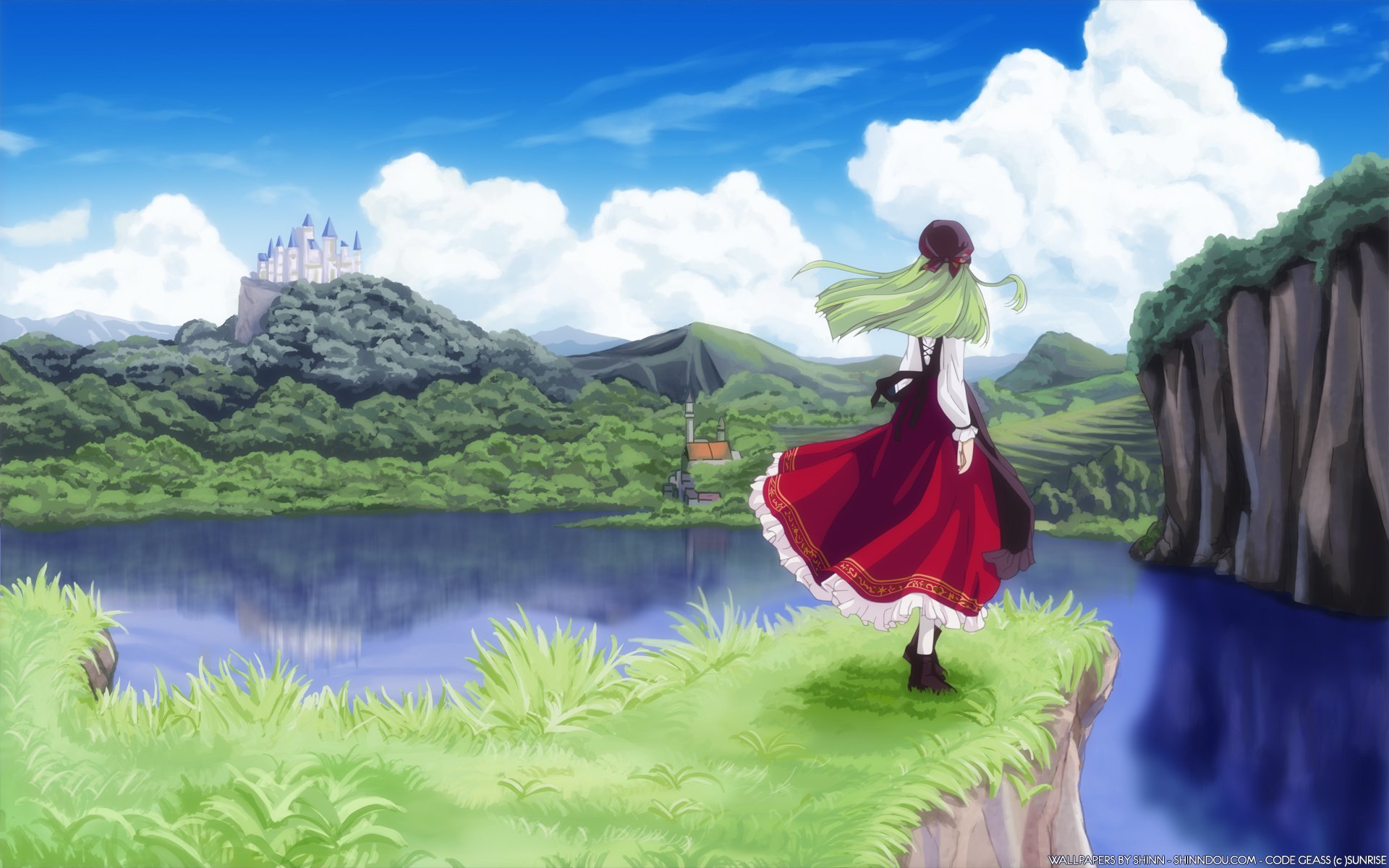 A serene HD wallpaper featuring C.C. from Code Geass, standing by a tranquil lake with lush greenery and a castle in the background under a bright blue sky.