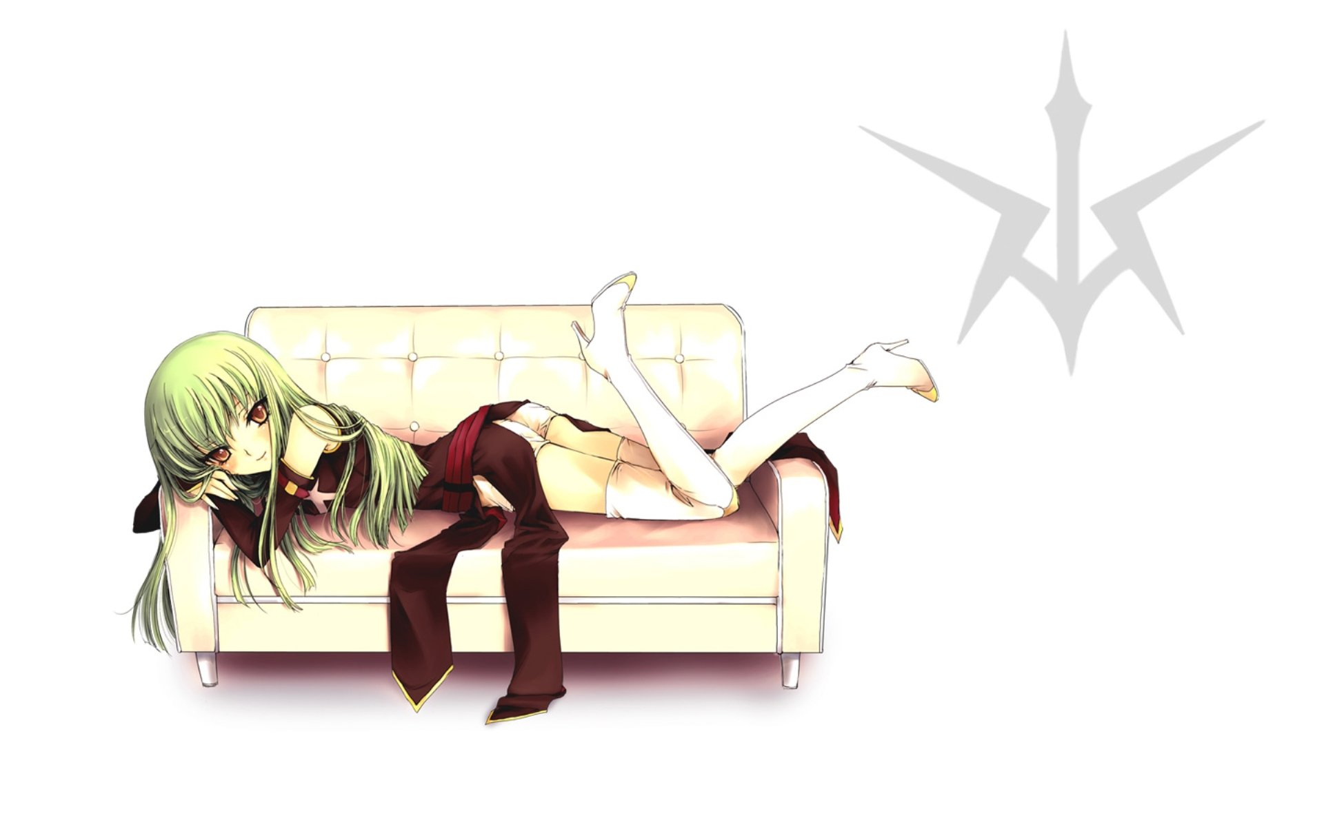 A HD desktop wallpaper featuring C.C. from Code Geass, portrayed lounging on a couch with a playful expression, complemented by a minimalist background.
