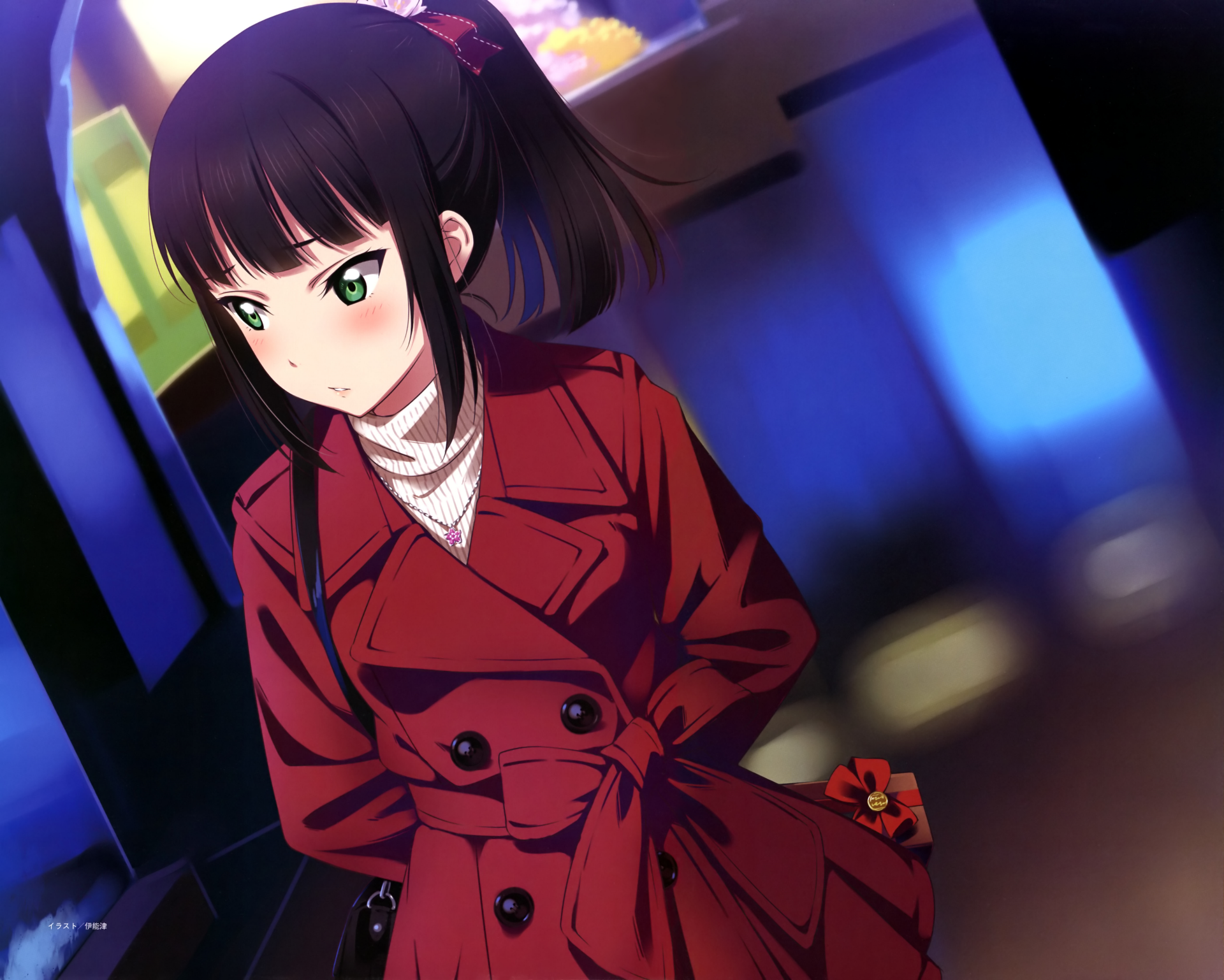Dia Kurosawa from Love Live! Sunshine!! in a red coat, green-eyed, standing against blurred neon city lights — 4K Ultra HD PC desktop wallpaper and background.