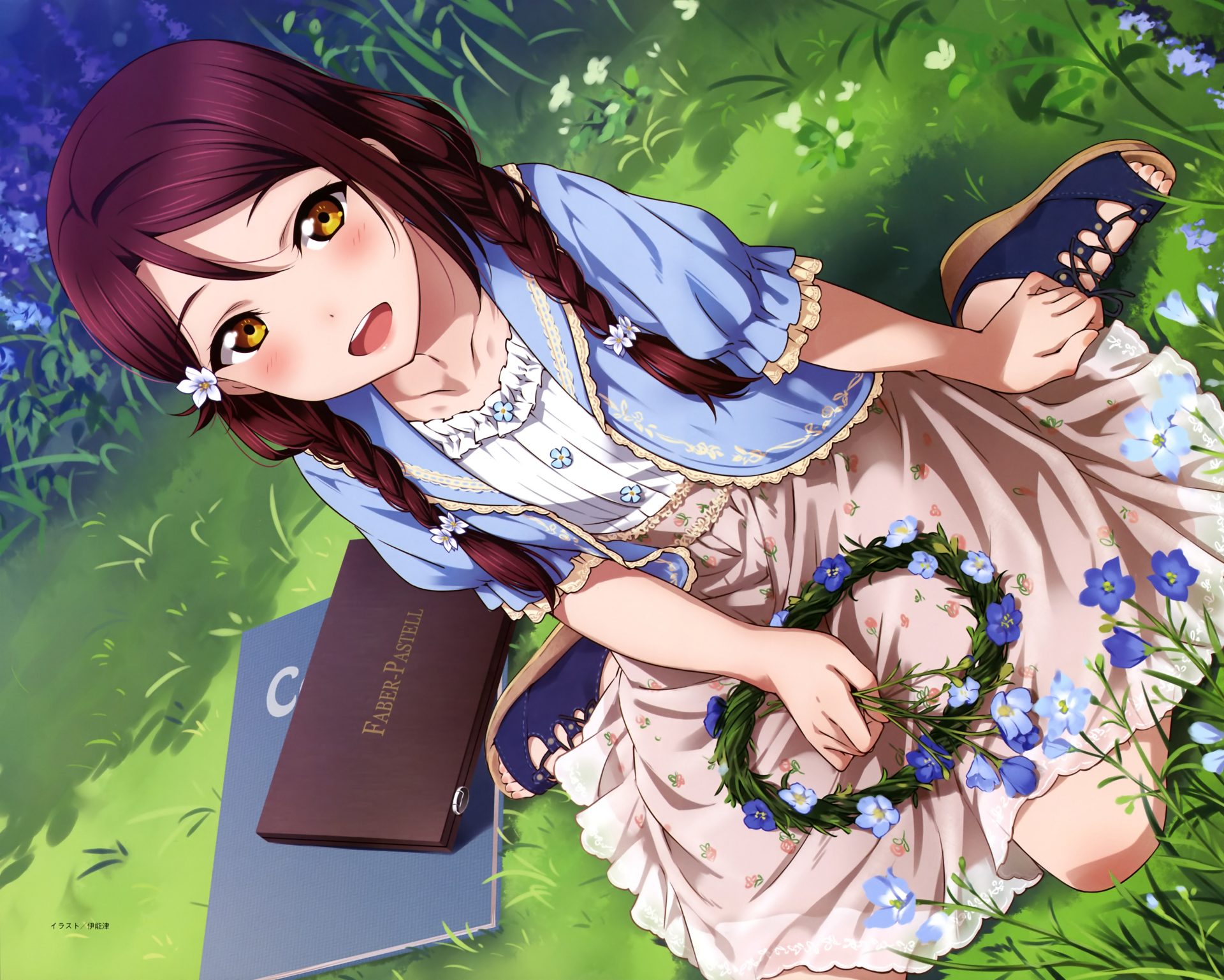 Riko Sakurauchi from Love Live! Sunshine!! sits on grass holding a flower crown, with a book nearby. 4K Ultra HD anime desktop wallpaper and background.