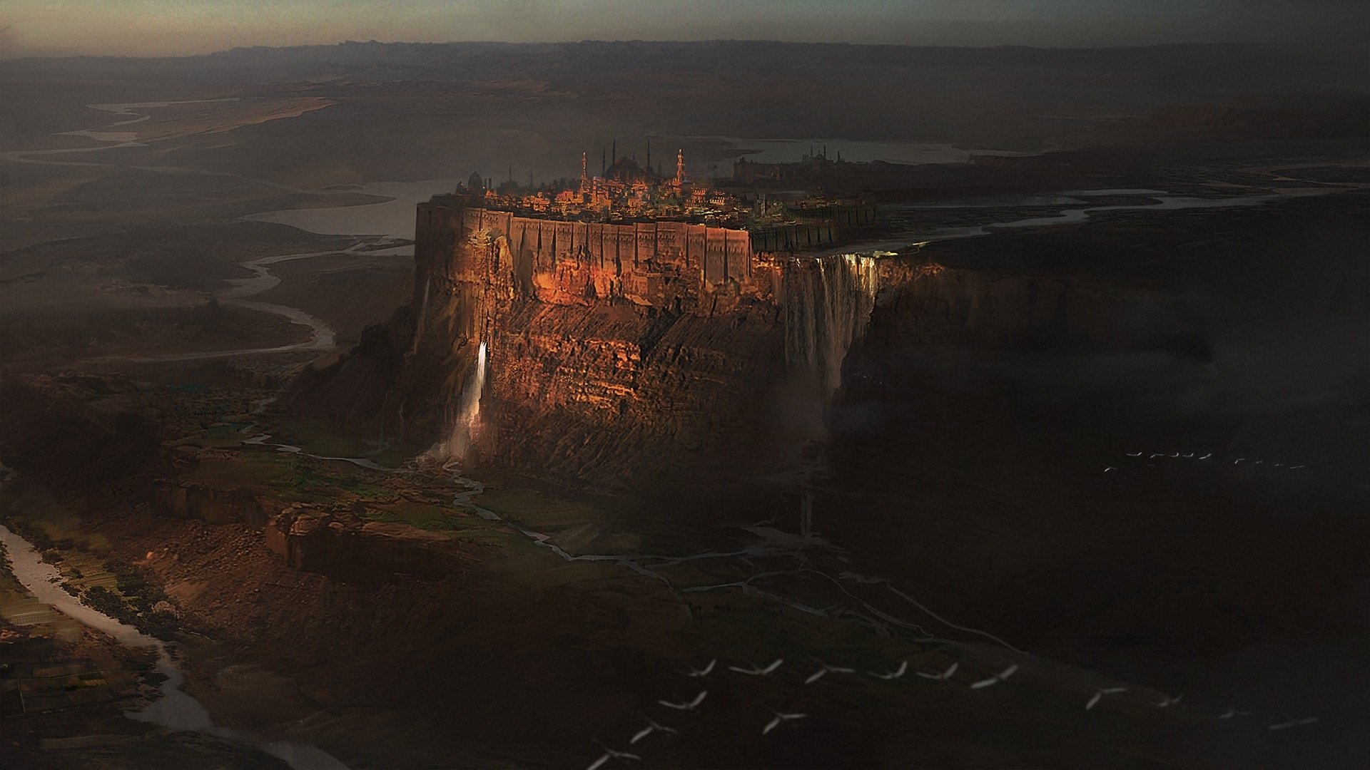 HD desktop wallpaper featuring a fantasy city perched atop a cliff, with a cascading waterfall and a vast landscape stretching into the distance.