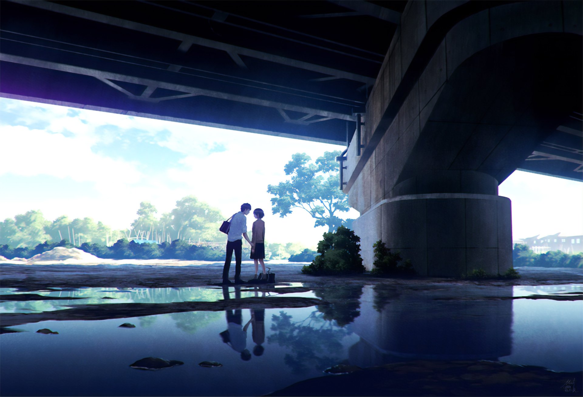 Anime-style image of a couple standing under a bridge, reflected in the water below. The background features a bright sky and lush greenery.
