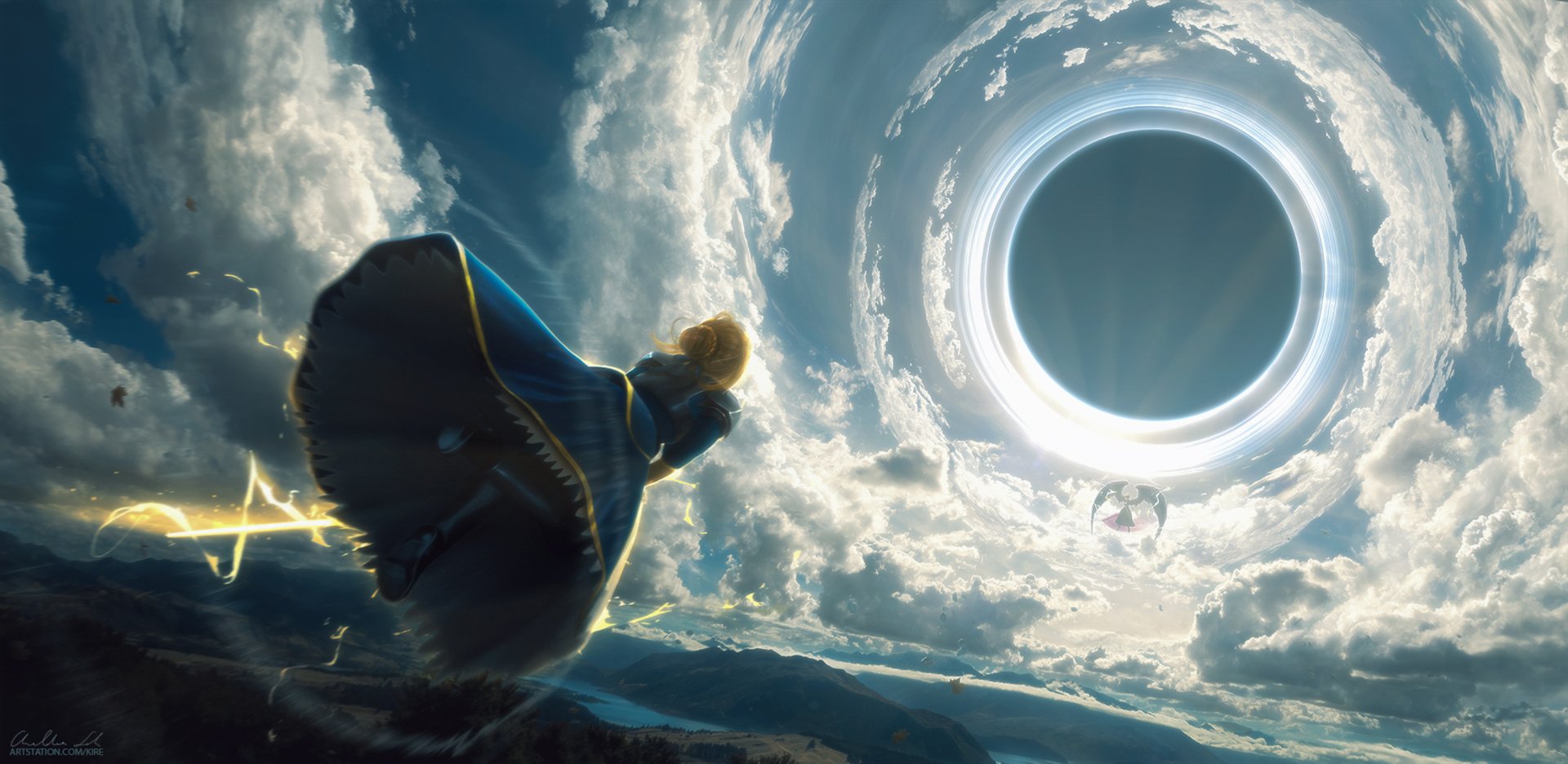 HD desktop wallpaper of Artoria Pendragon from Fate/Grand Order, illustrated in an anime style. The image showcases her character, Saber, against a dramatic sky with a large, glowing celestial object.