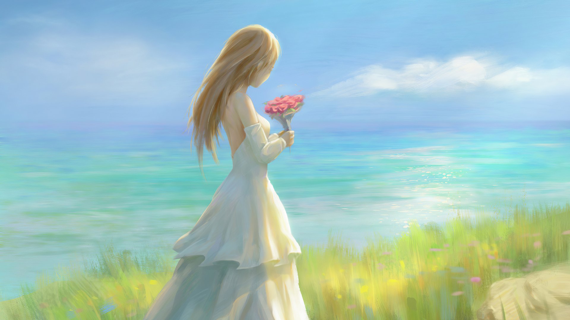 Original anime bride in a white gown holding a pink bouquet, standing on a sunlit seaside cliff with pastel sky and sea — 4K Ultra HD PC desktop wallpaper.