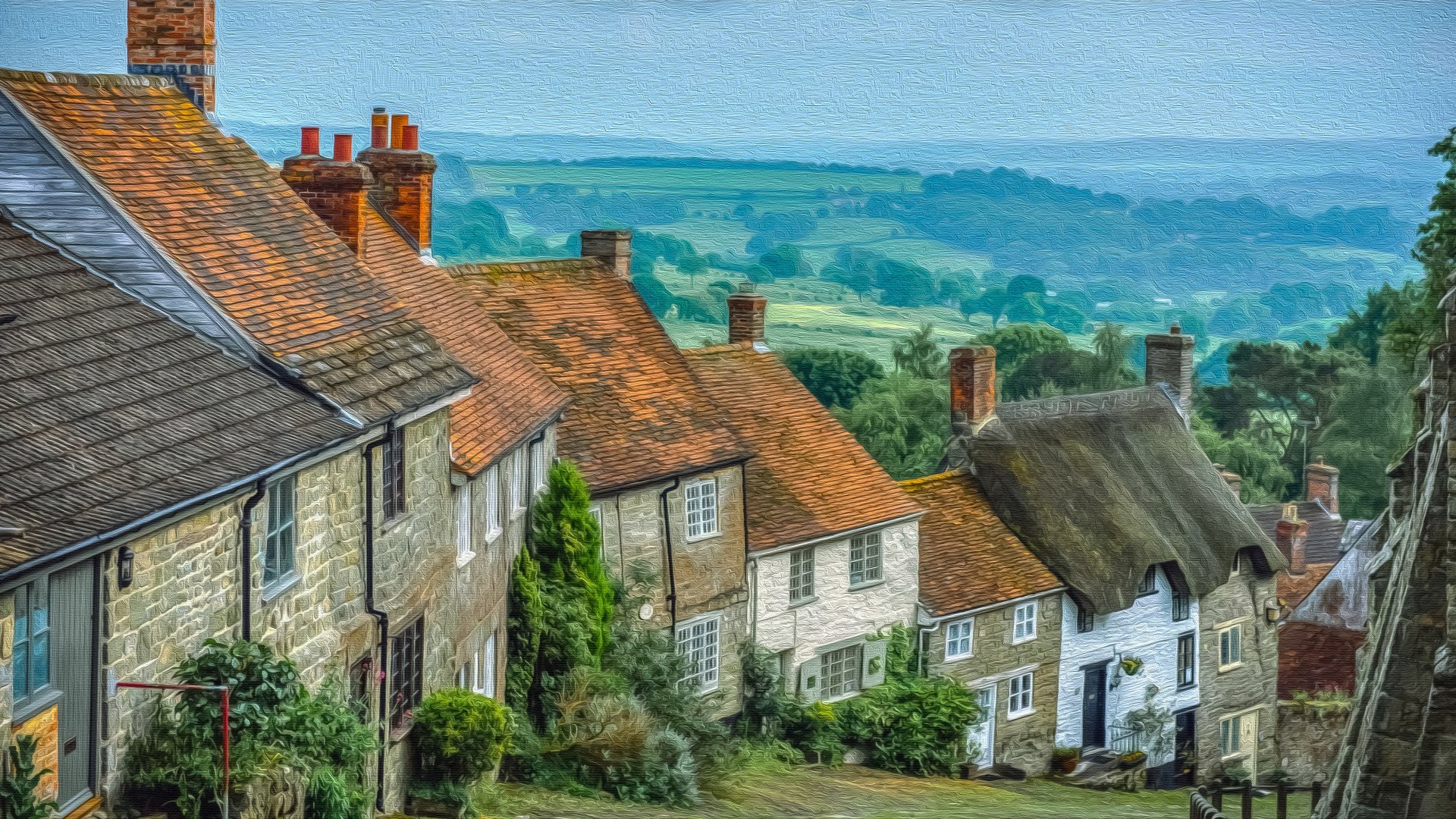 Gold Hill, Shaftsbury - Fine Oil on Canvas by Manufan63