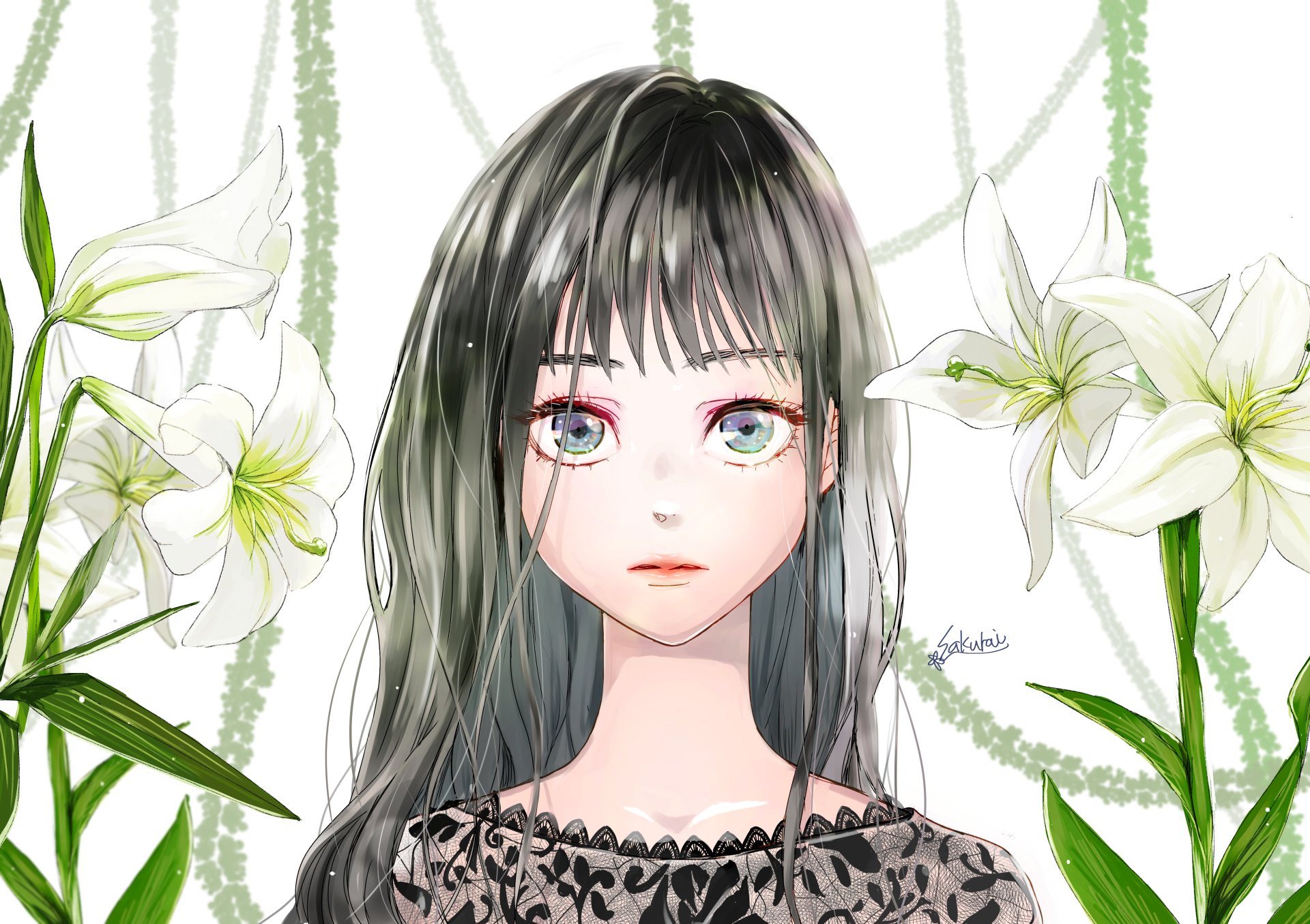 Download Flower Blue Eyes Black Hair Anime Original 4k Ultra HD Wallpaper by 桜伊