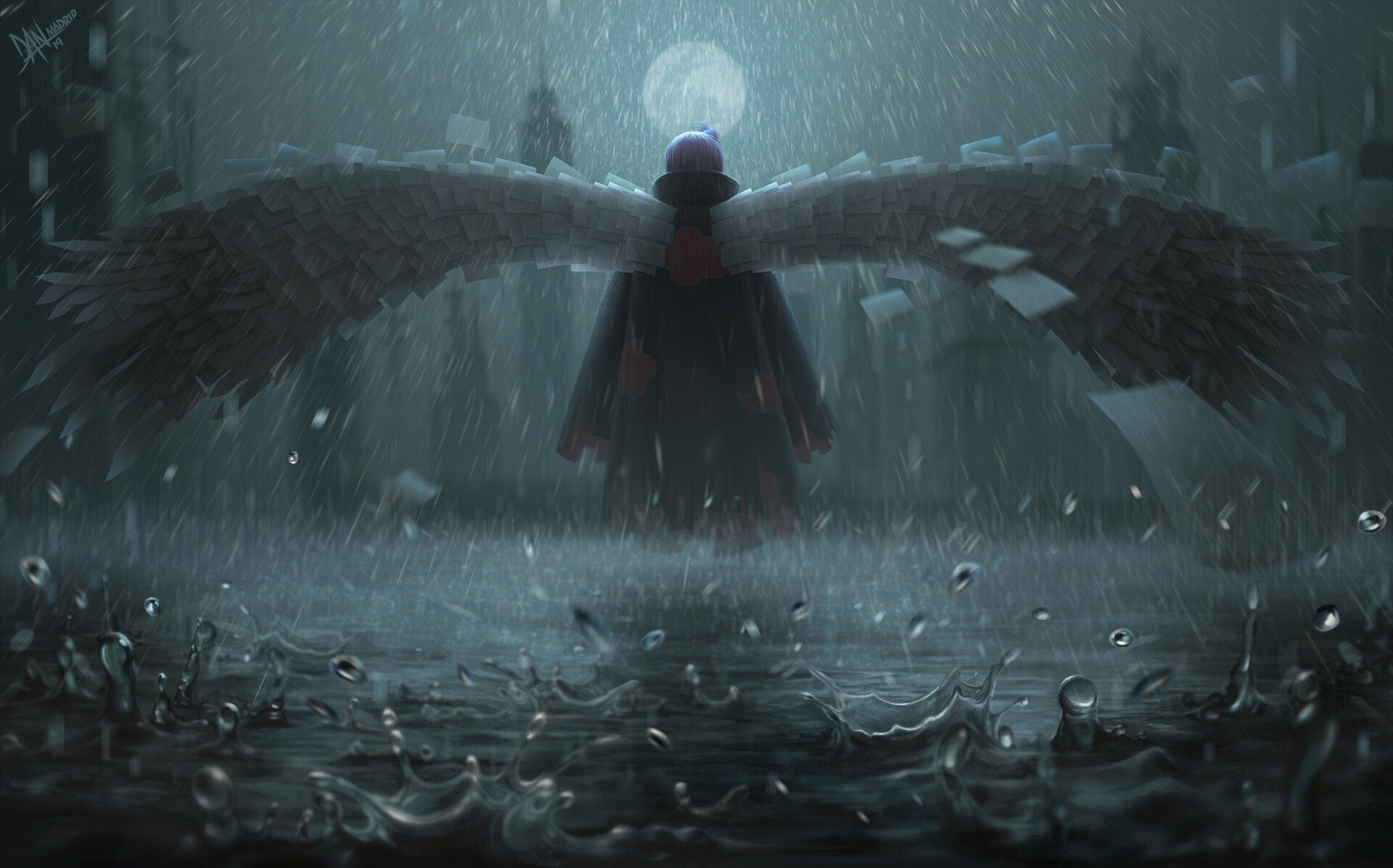 HD wallpaper of Konan from Naruto standing in the rain, with wings spread under a moonlit sky, creating a dramatic and atmospheric scene.