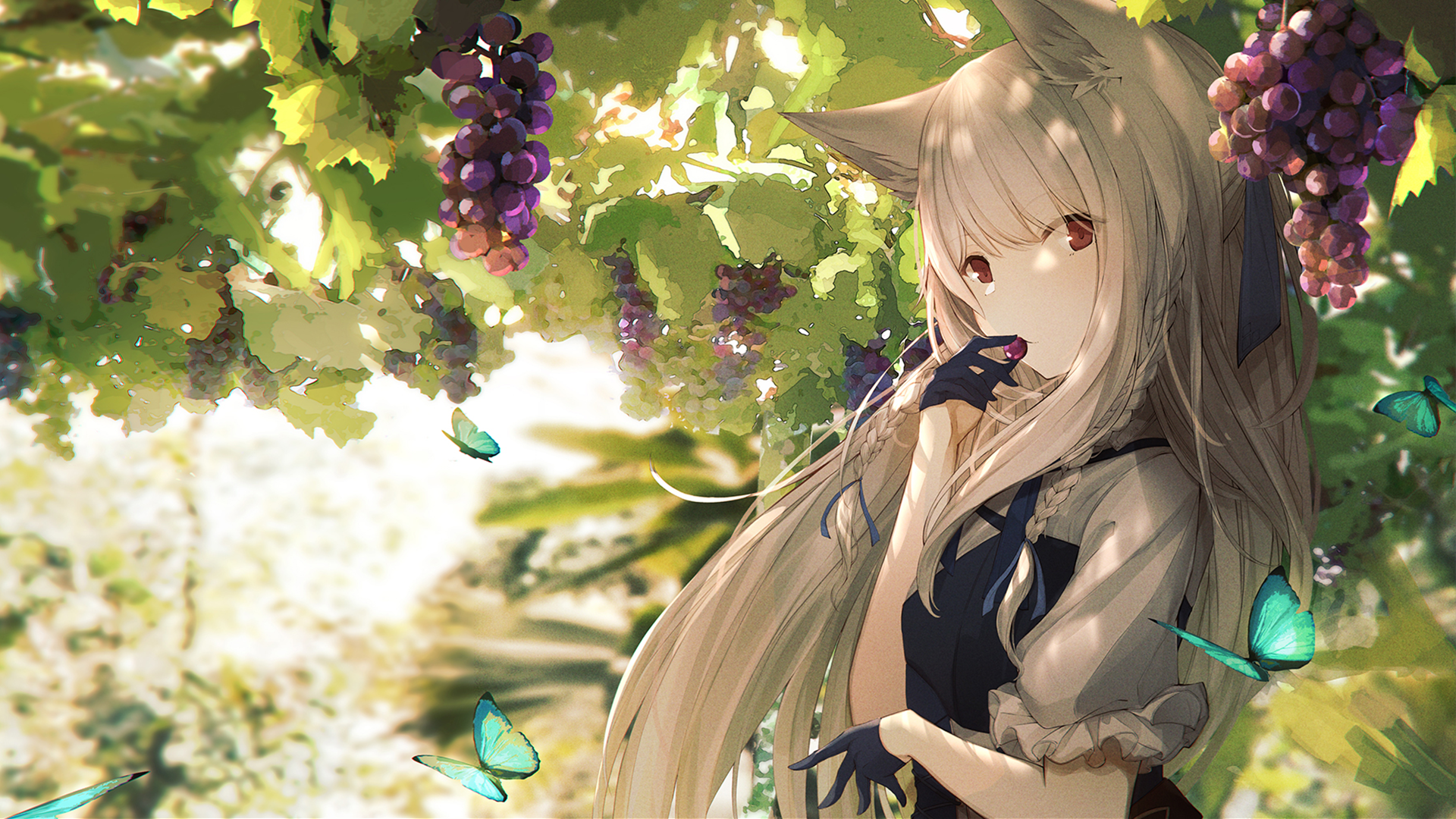 Anime character with white hair, red eyes, and animal ears standing in a vineyard, surrounded by butterflies and grapes. HD desktop wallpaper featuring an original artwork.
