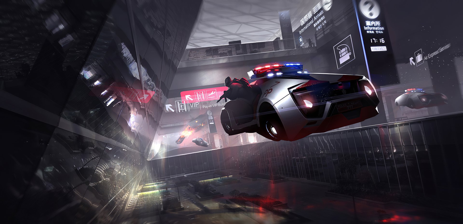 2K Quad HD PC desktop wallpaper and background: futuristic sci‑fi police vehicle with flashing sirens racing through a neon, rain‑soaked cyberpunk cityscape.