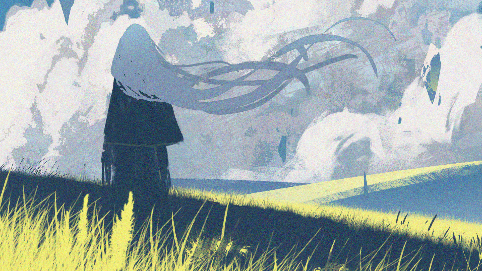 HD anime-style original artwork of a figure standing in a sunlit meadow under a cloudy sky, designed as a vibrant PC desktop wallpaper background.