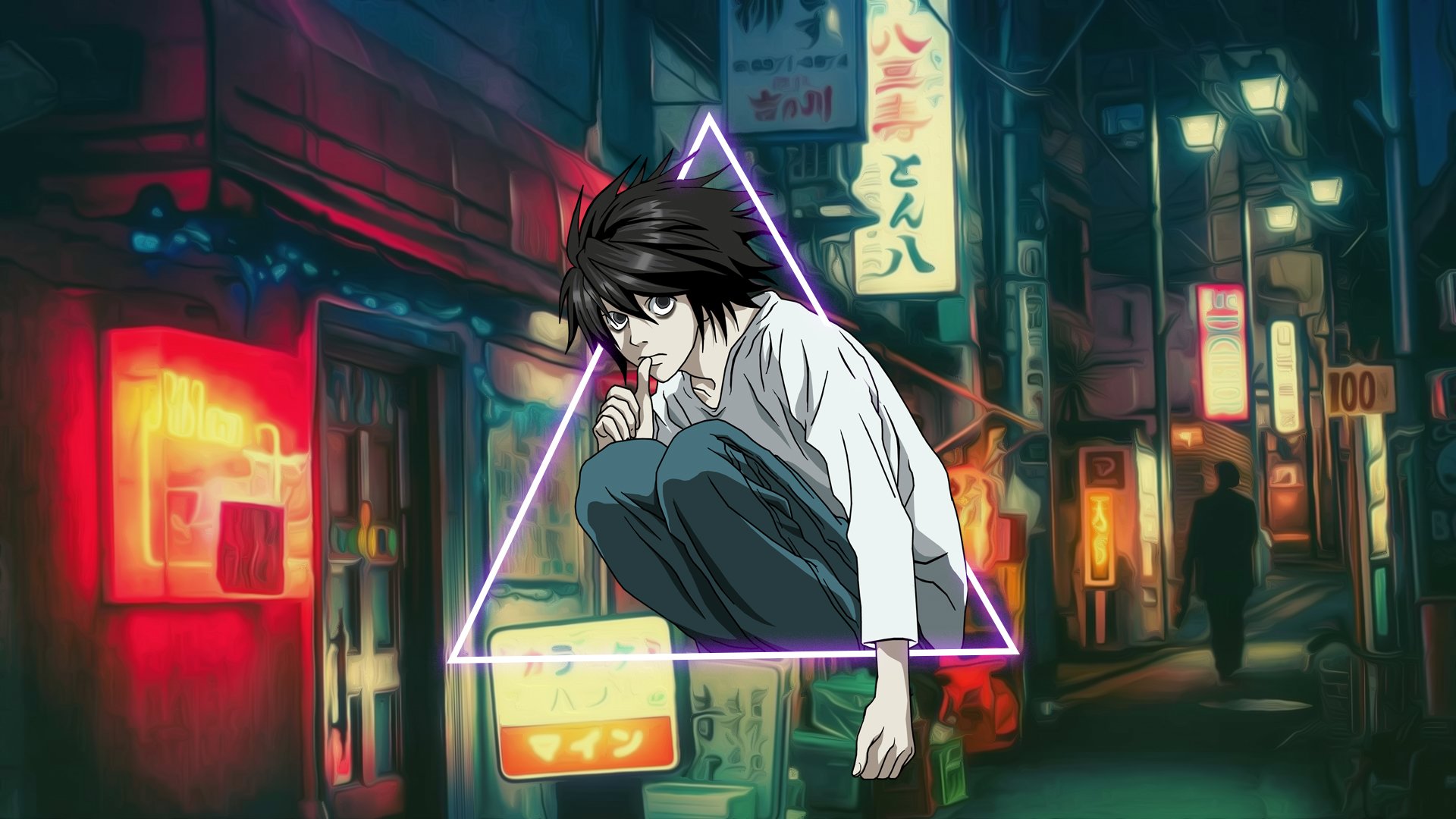 HD anime desktop wallpaper featuring L from Death Note crouched thoughtfully inside a glowing triangular outline set against a vibrant urban nighttime background.