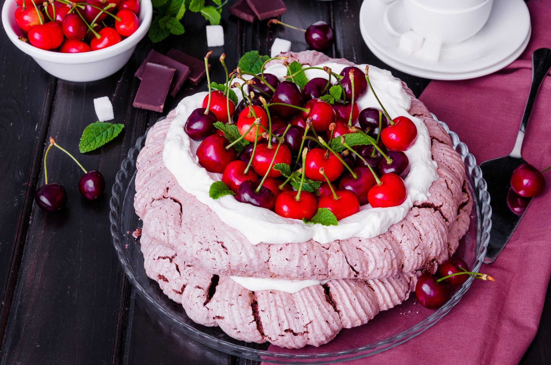 Download Pavlova Still Life Pastry Meringue Dessert Cream Cherry Food Cake 4k Ultra HD Wallpaper