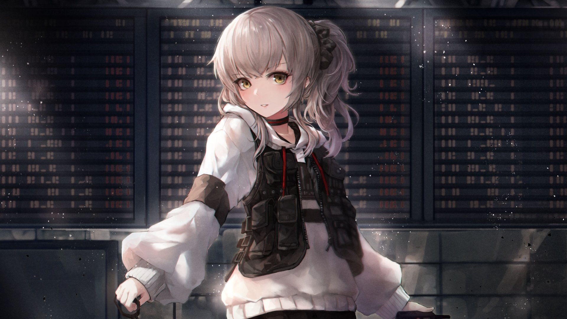 Anime girl with grey hair and yellow eyes stands confidently against a dark, industrial backdrop in this HD PC desktop wallpaper and background.