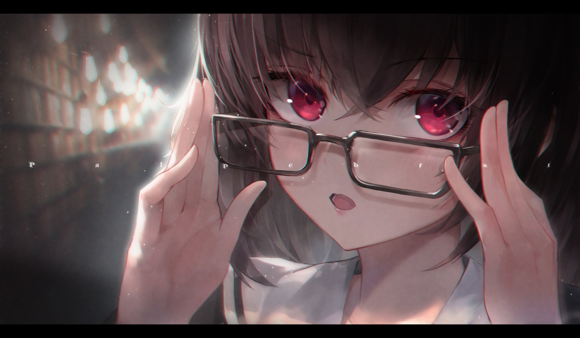 Anime-style character with brown hair, red eyes, and glasses, set against a blurred background. HD wallpaper for desktop.