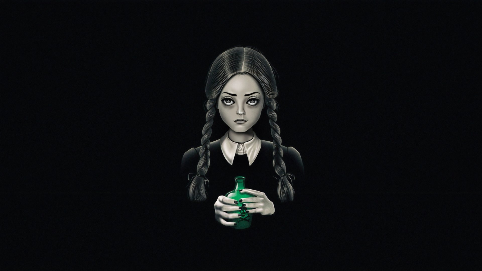HD desktop wallpaper of Wednesday Addams in gothic black, twin braids and pale face, holding a glowing green potion against a dark background.