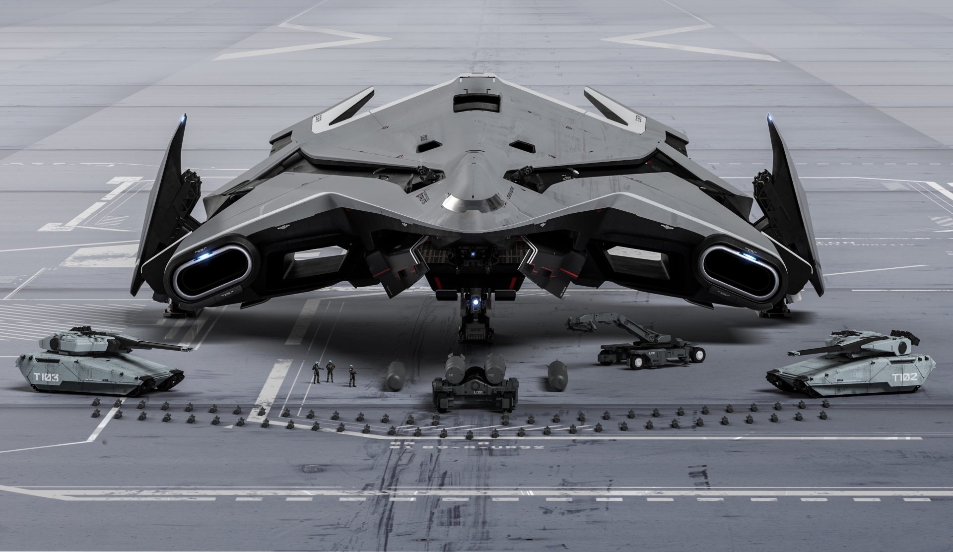 4K Ultra HD PC desktop wallpaper featuring a detailed spaceship from the video game Star Citizen, surrounded by vehicles and personnel on a landing pad.