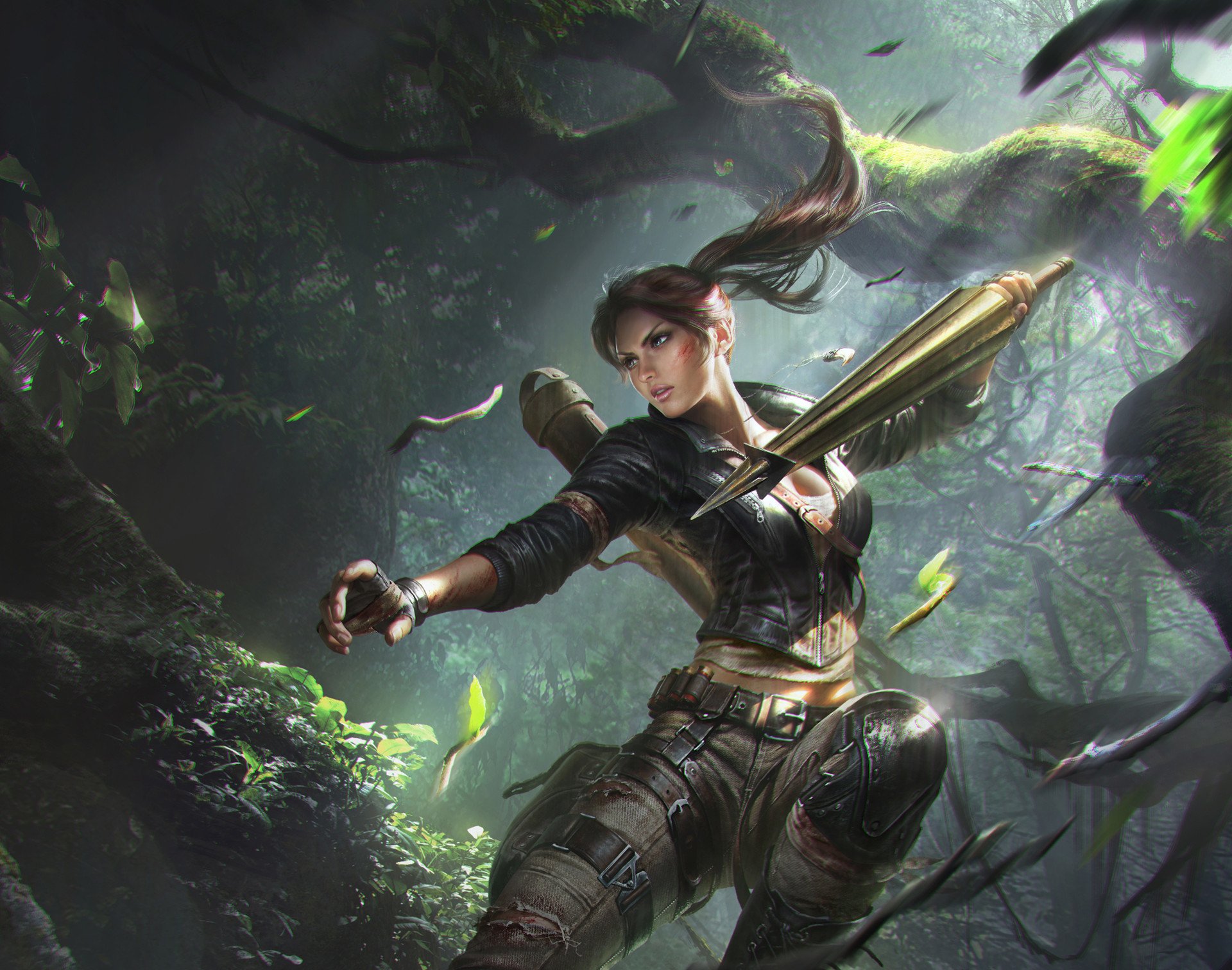 HD PC desktop wallpaper of a brown-haired woman warrior in leather armor, armed with a bow and dagger, poised amid a misty fantasy forest background.