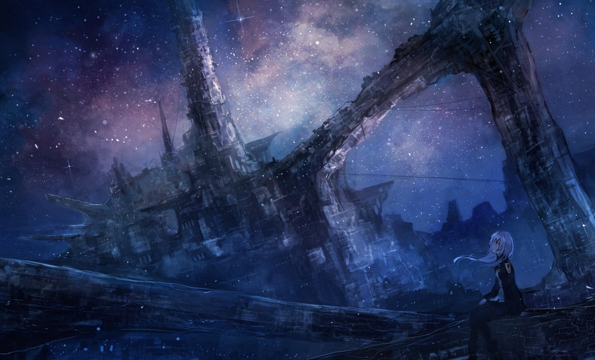 An HD anime night scene wallpaper featuring an original character sitting under a starry sky with a mysterious, ruined structure in the background.
