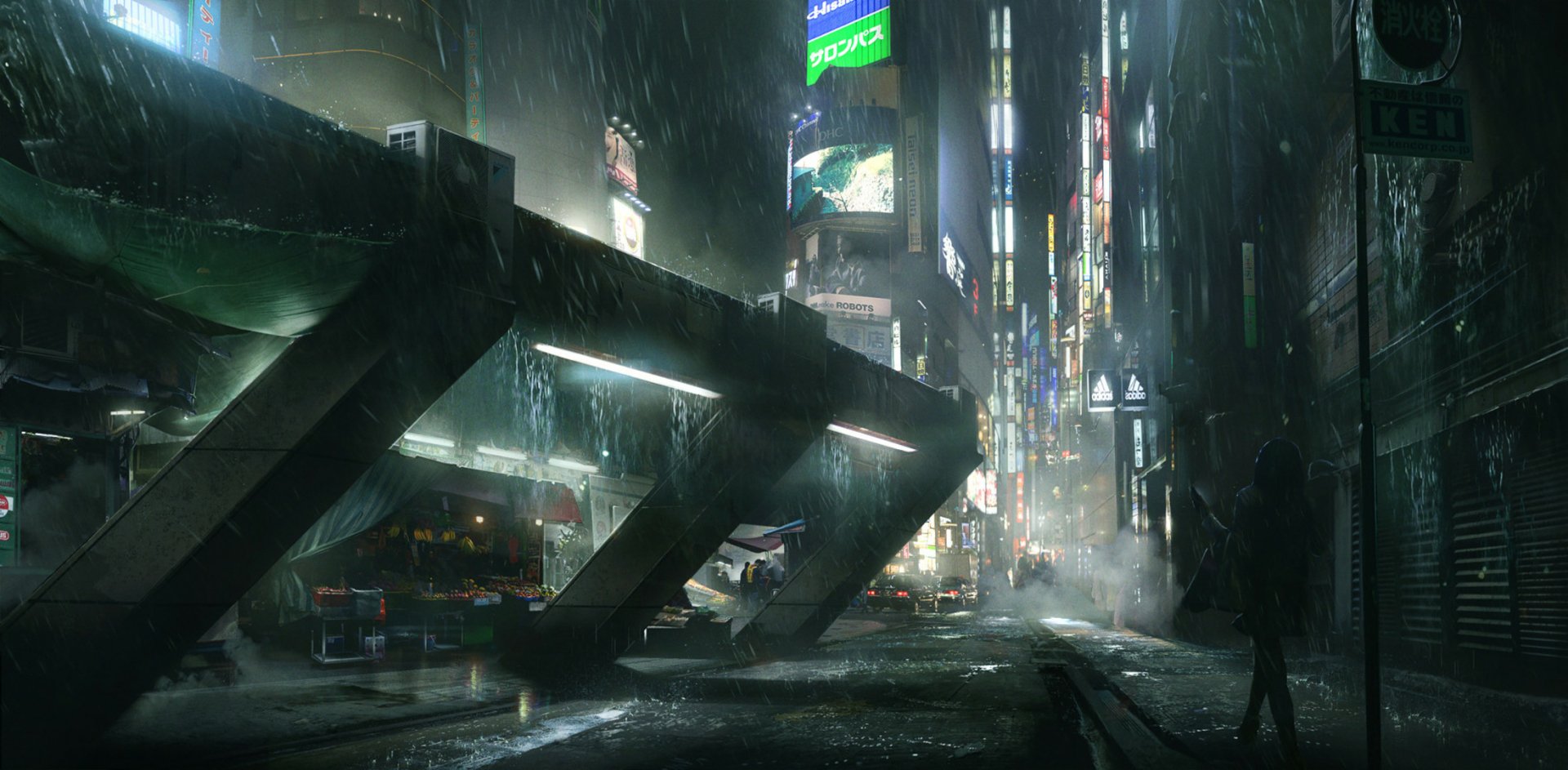Rain-slick sci-fi city street at night with neon towers, elevated walkways and misty reflections — HD PC desktop wallpaper and background.