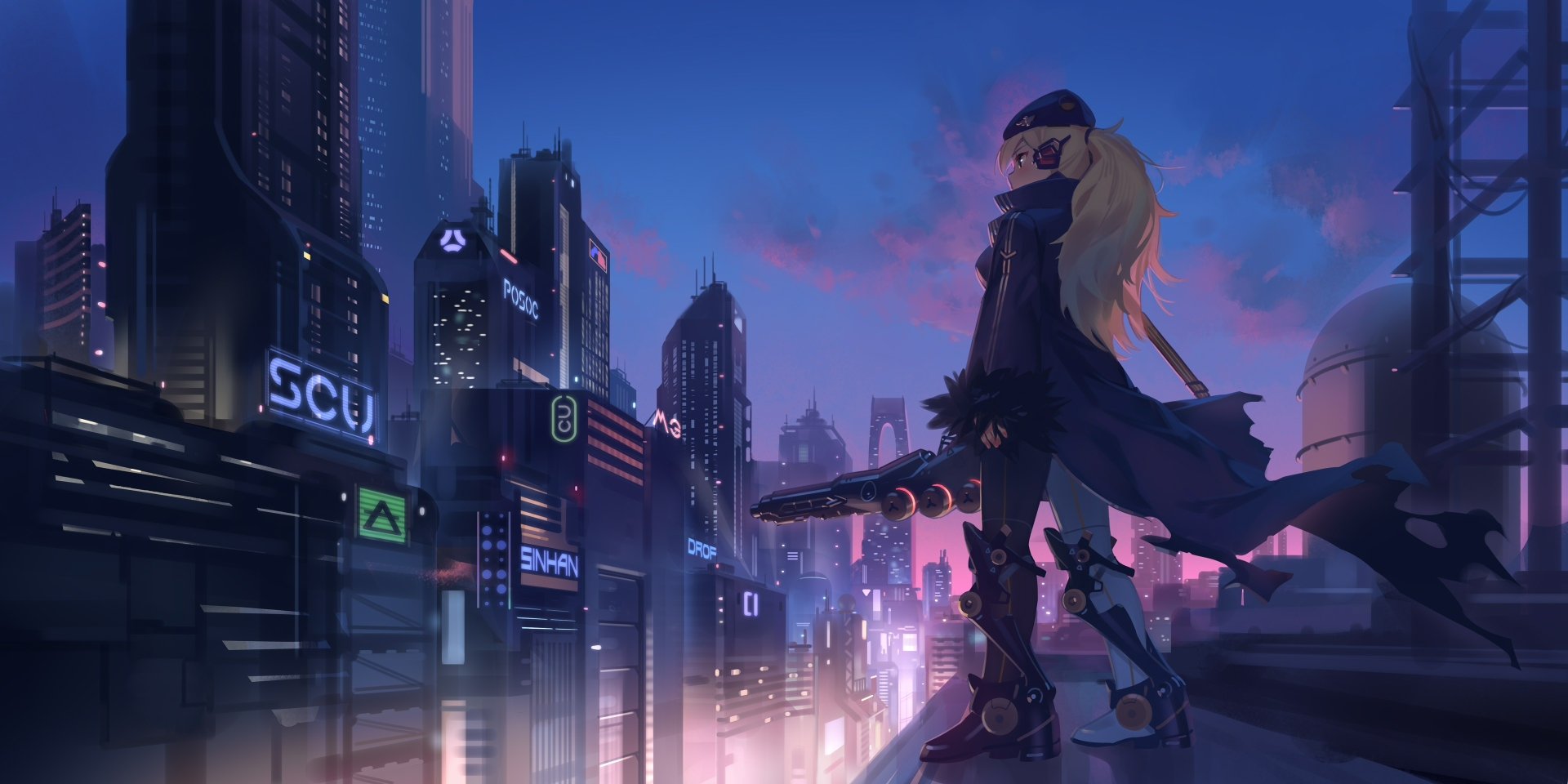 A blonde character stands on a rooftop overlooking a futuristic cityscape at dusk, featuring glowing buildings and signage from the video game Tetra Cube.