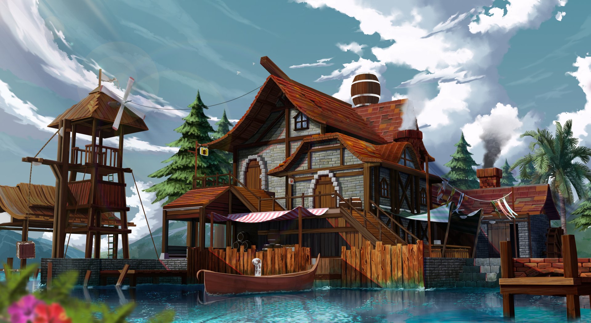 Anime-style 2K Quad HD PC desktop wallpaper: lakeside wooden house with red roofs, docked boat and watchtower beneath a dramatic anime sky.