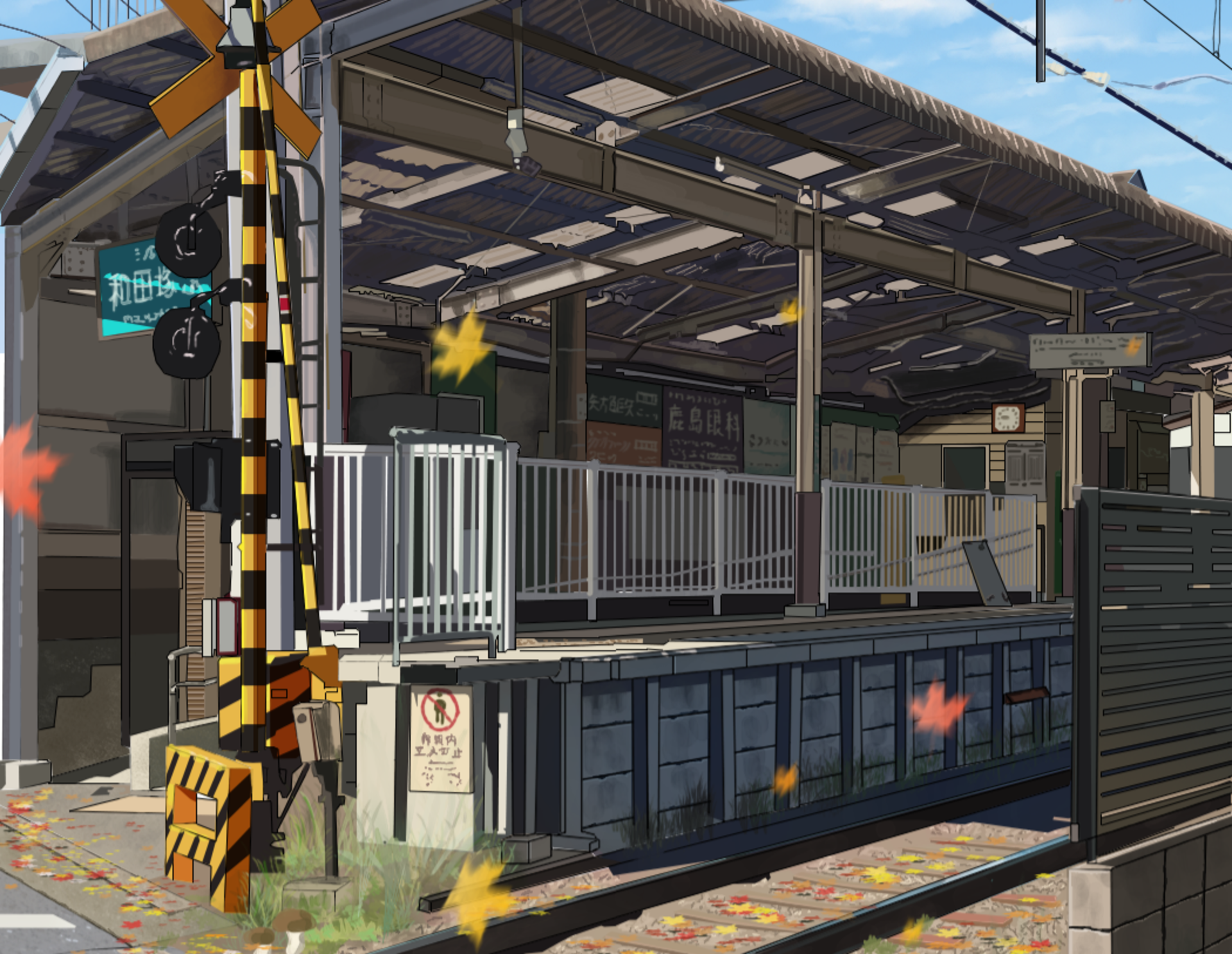 HD anime-style original desktop wallpaper: autumn train station platform by railroad tracks, with drifting orange and red leaves.