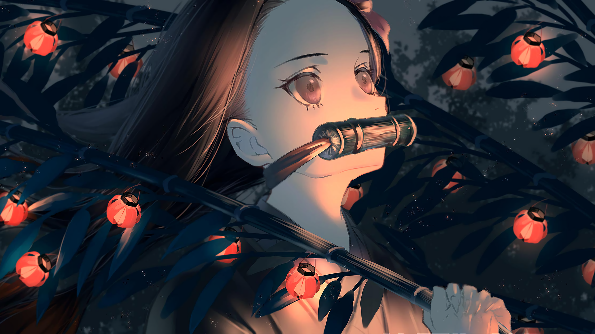 HD wallpaper of Nezuko Kamado from Demon Slayer, featuring her with long black hair and red eyes, amidst bamboo under a night sky.