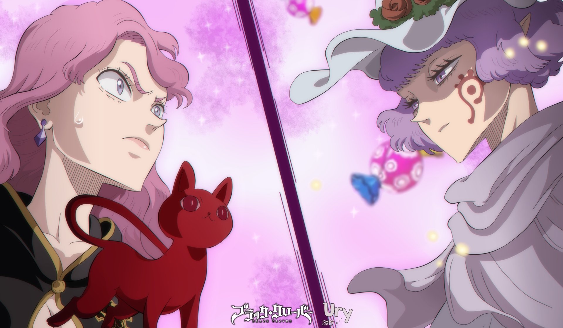 Dorothy Unsworth and Vanessa Enoteca from Black Clover face each other amid pink sparkles, Dorothy’s red cat at her side — 2K Quad HD PC desktop wallpaper.