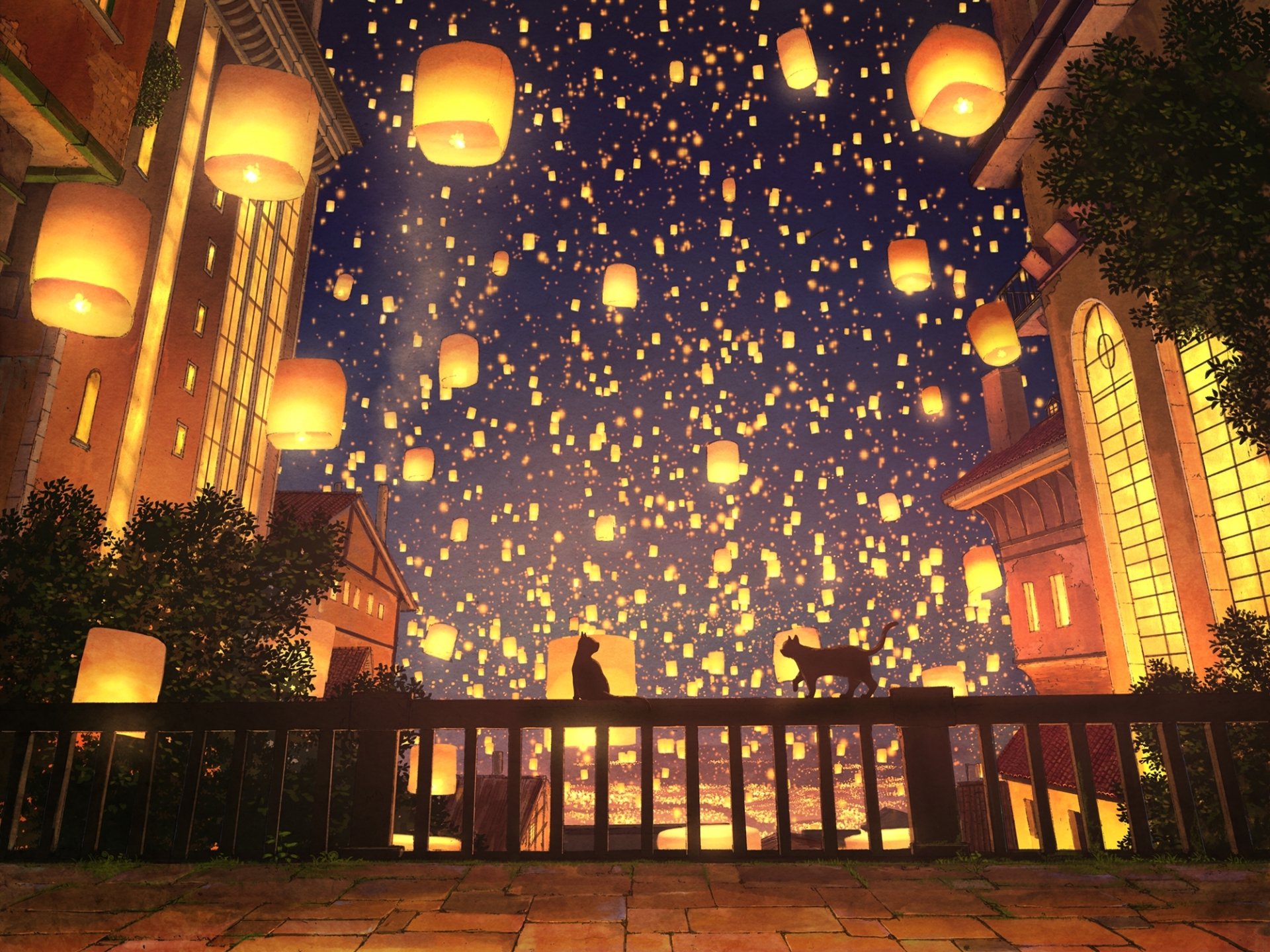 HD anime wallpaper depicting a night cityscape with two cats on a balcony, illuminated by numerous lighted lanterns floating in the sky.