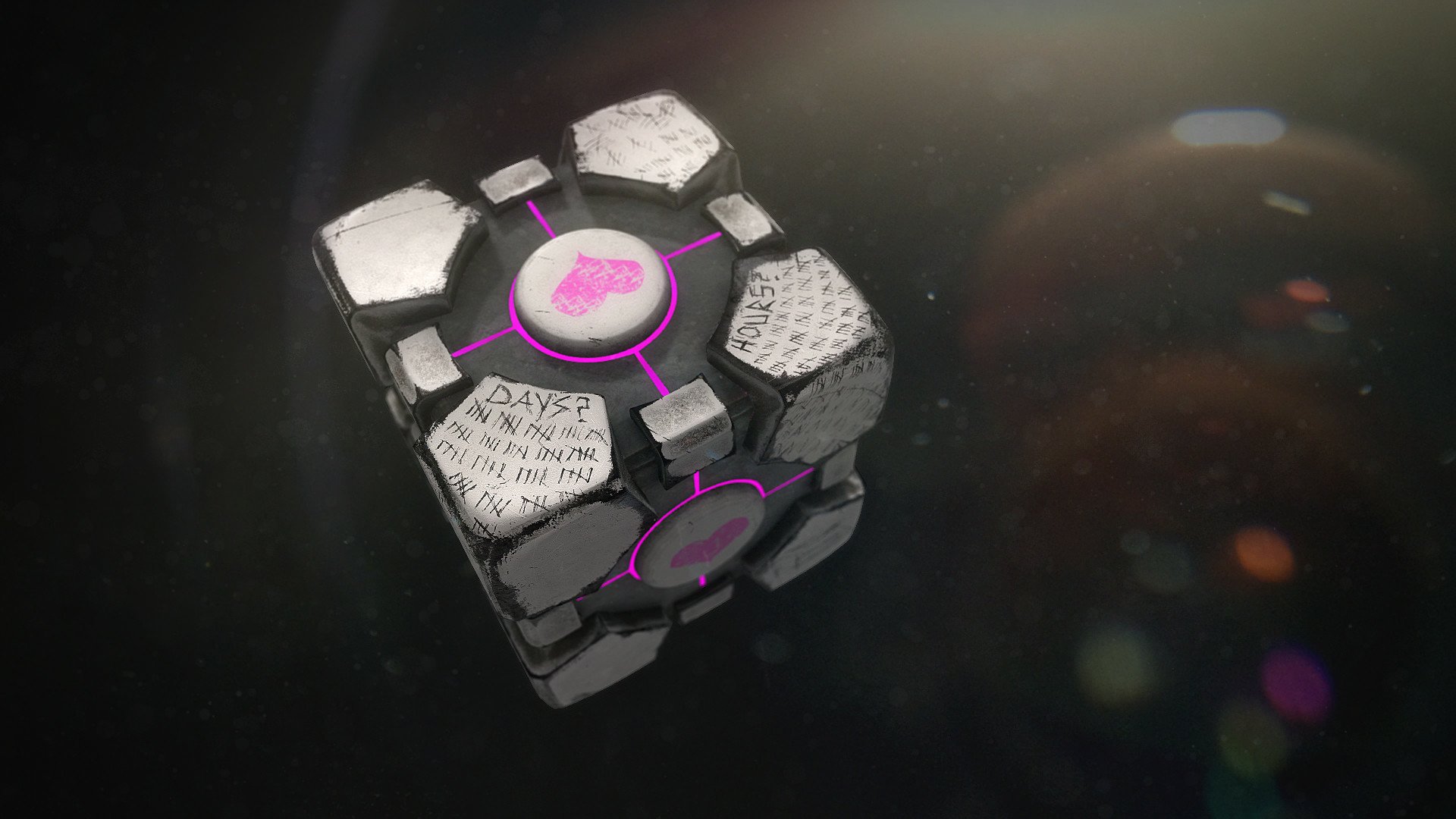 HD PC desktop wallpaper showing Portal 2 Weighted Companion Cube, worn with pink glowing heart and scratched notes, floating against a dark background with subtle lens flares.