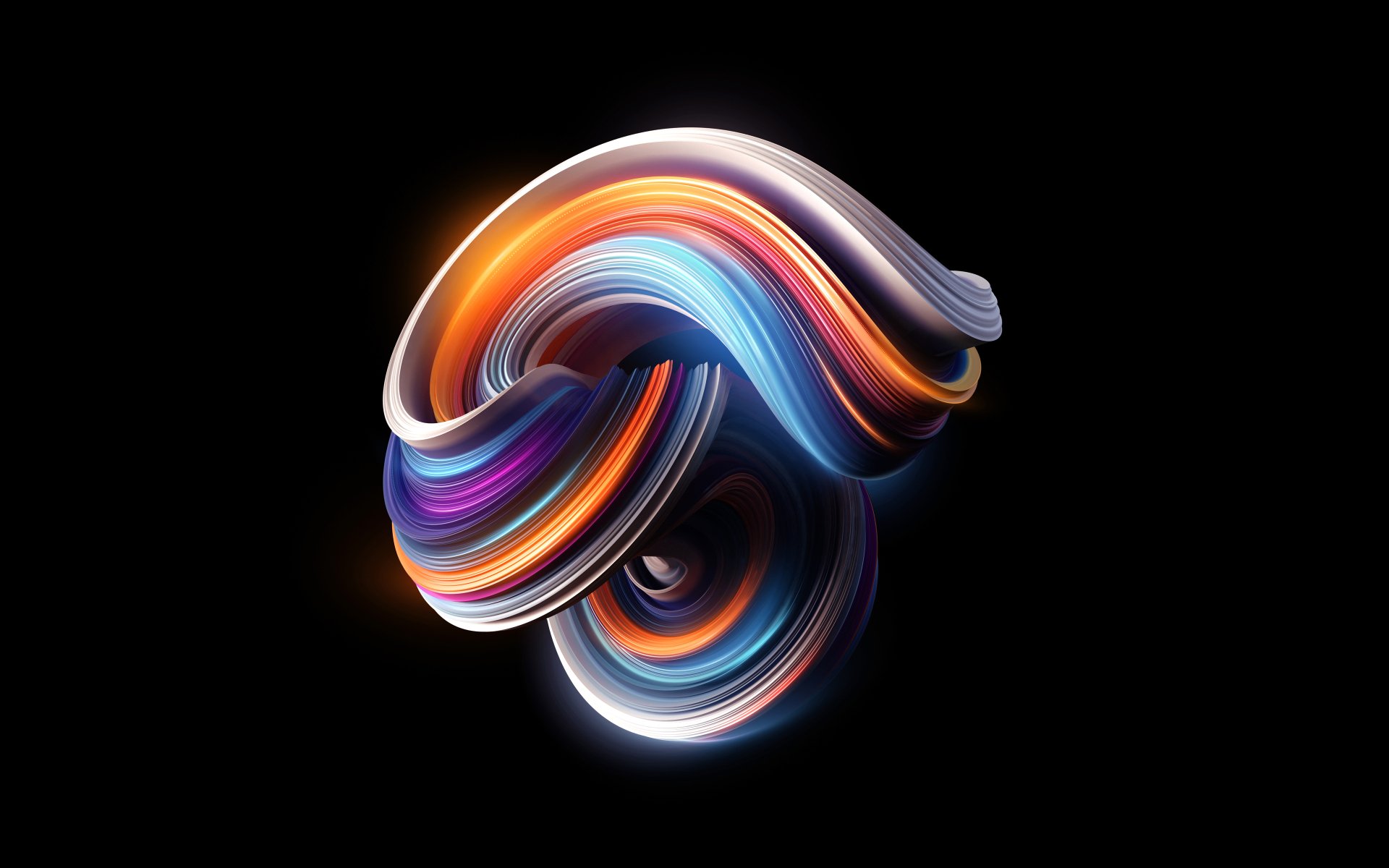 Abstract shapes: luminous multicolored ribbon swirl on black, 4K Ultra HD PC desktop wallpaper background.