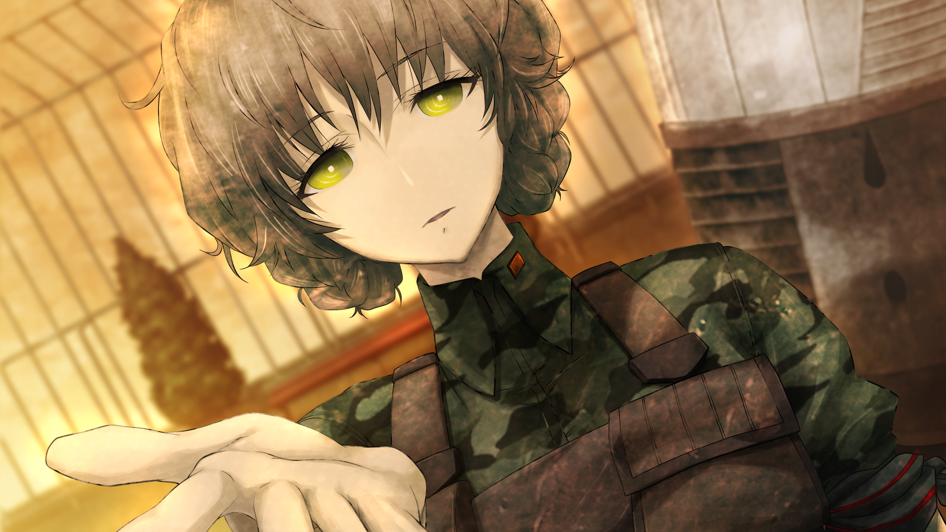 HD desktop wallpaper of Suzuha Amane (Steins;Gate): anime portrait with short wavy brown hair, yellow-green eyes, camo military vest, reaching hand against a warm sepia background.