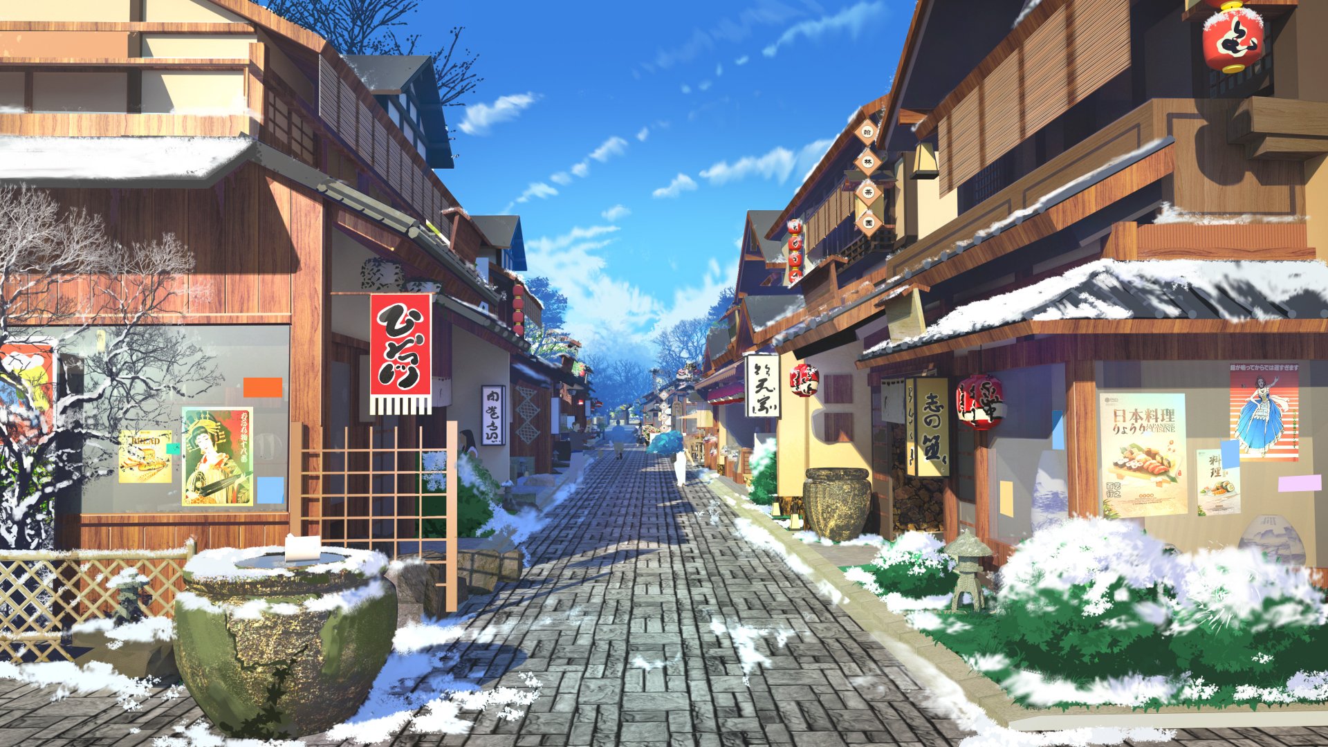 An HD anime-style wallpaper of a snow-covered street lined with traditional houses on a clear winter day.