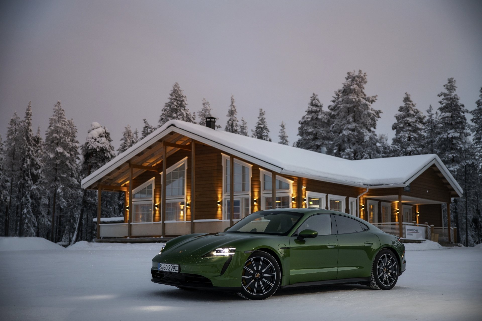 Download Green Car Winter Car Porsche Snow Vehicle Porsche Taycan 4S 4k Ultra HD Wallpaper