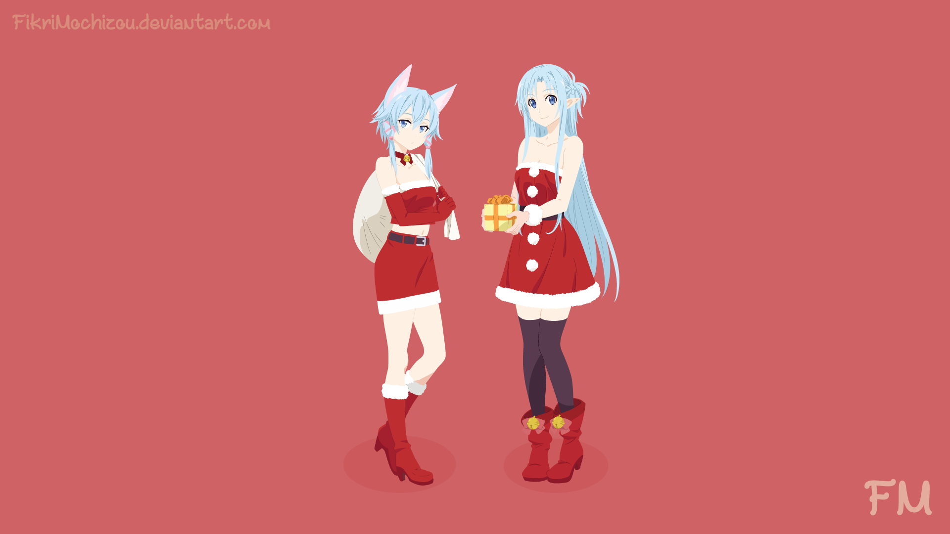 Anime characters Shino Asada and Asuna Yuuki from Sword Art Online II dressed in festive red and white outfits, featured in a 4K Ultra HD PC desktop wallpaper.