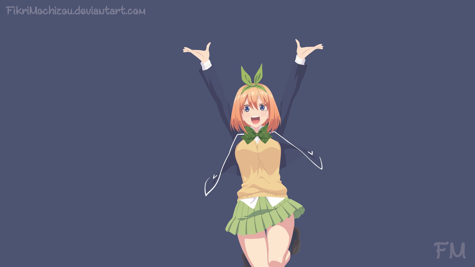 4K Ultra HD anime desktop wallpaper featuring Yotsuba Nakano from The Quintessential Quintuplets, depicted in her signature green outfit with arms raised against a clear background.