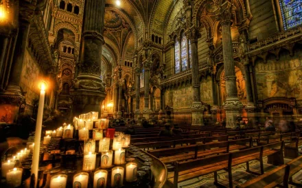 A stunning HD wallpaper of a cathedral interior, featuring intricate architecture, soft candlelight, and serene worship space, creating a captivating spiritual atmosphere.