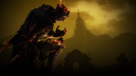 Dark Souls III 4K Ultra HD PC wallpaper featuring a fiery armored figure kneeling against a dark, ominous landscape with a silhouetted tower in the background.